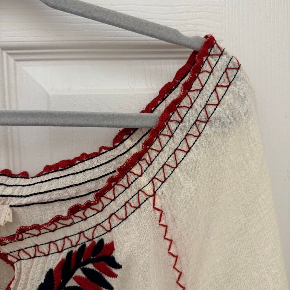 Tory Burch Mari Peasant Top Size Medium Embroidered Floral Cream Red - Picture 5 of 8